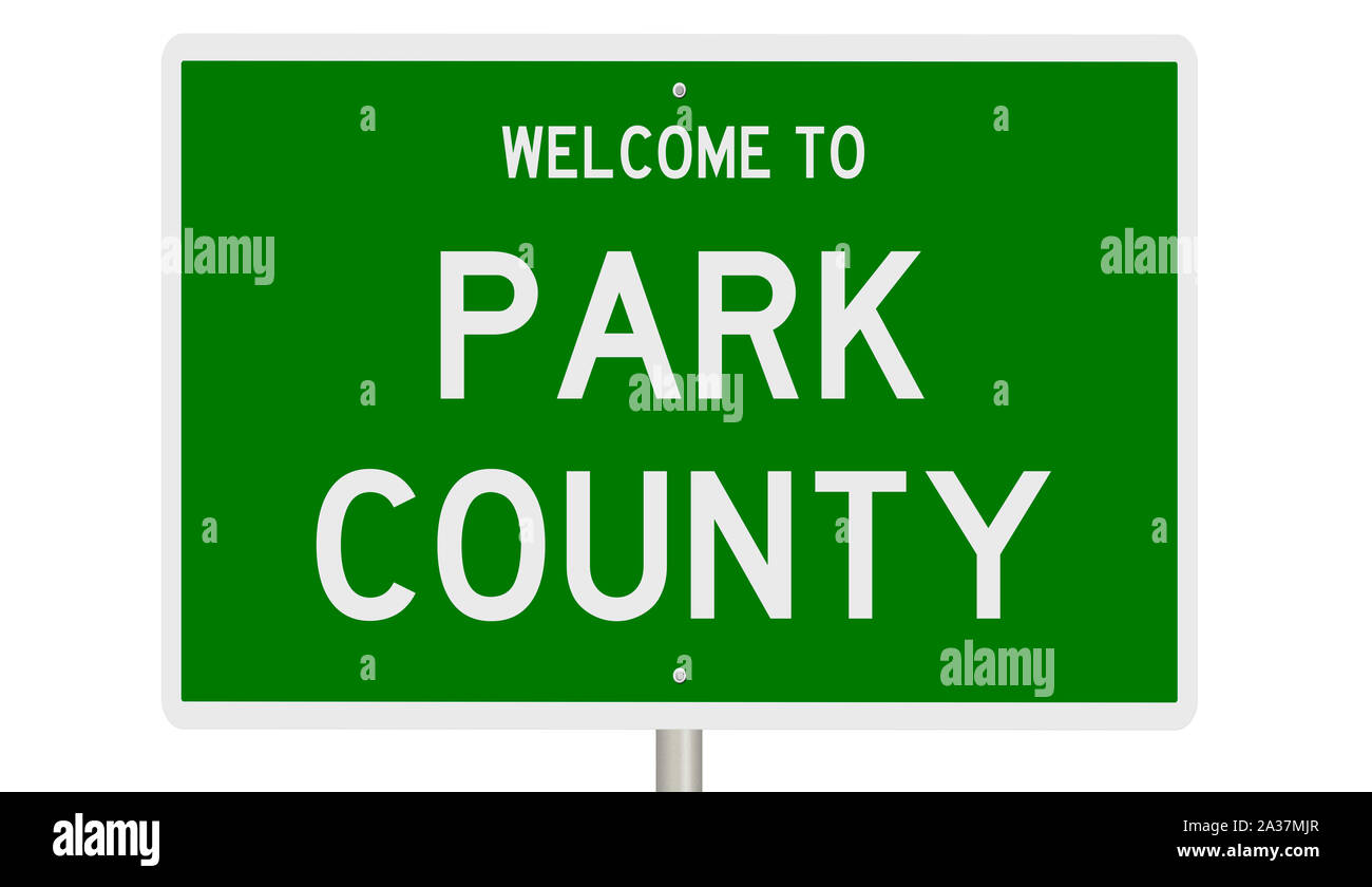 Rendering of a green 3d highway sign for Park County Stock Photo