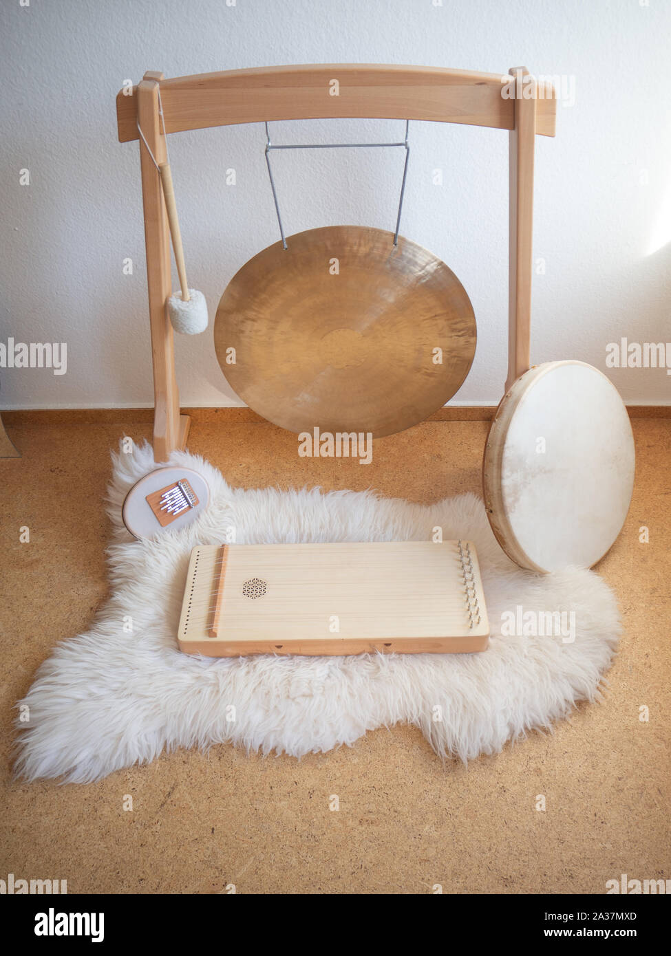 Sound healing set up with a gong and monochord for calming and relaxing