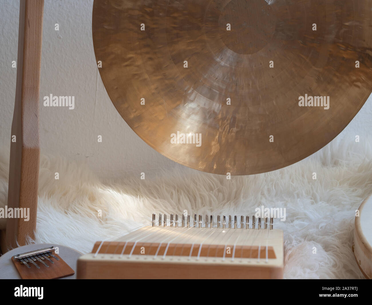 Sound healing set up with gong and monochord Stock Photo
