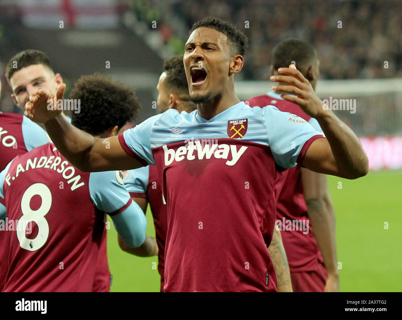 London, UK. 6th October 2019. Sebastian Haller celebrates after scoring for West Ham United during the Premier League match between West Ham United and Crystal Palace played at London Stadium, London, UK. Picture by: Jason Mitchell/Alamy Live News  English Premier and Football League images are only to be used in an editorial context, images are not allowed to be published on another internet site unless a licence has been obtained from DataCo Ltd +44 207 864 9121. Credit: Headlinephoto Limited/Alamy Live News Stock Photo