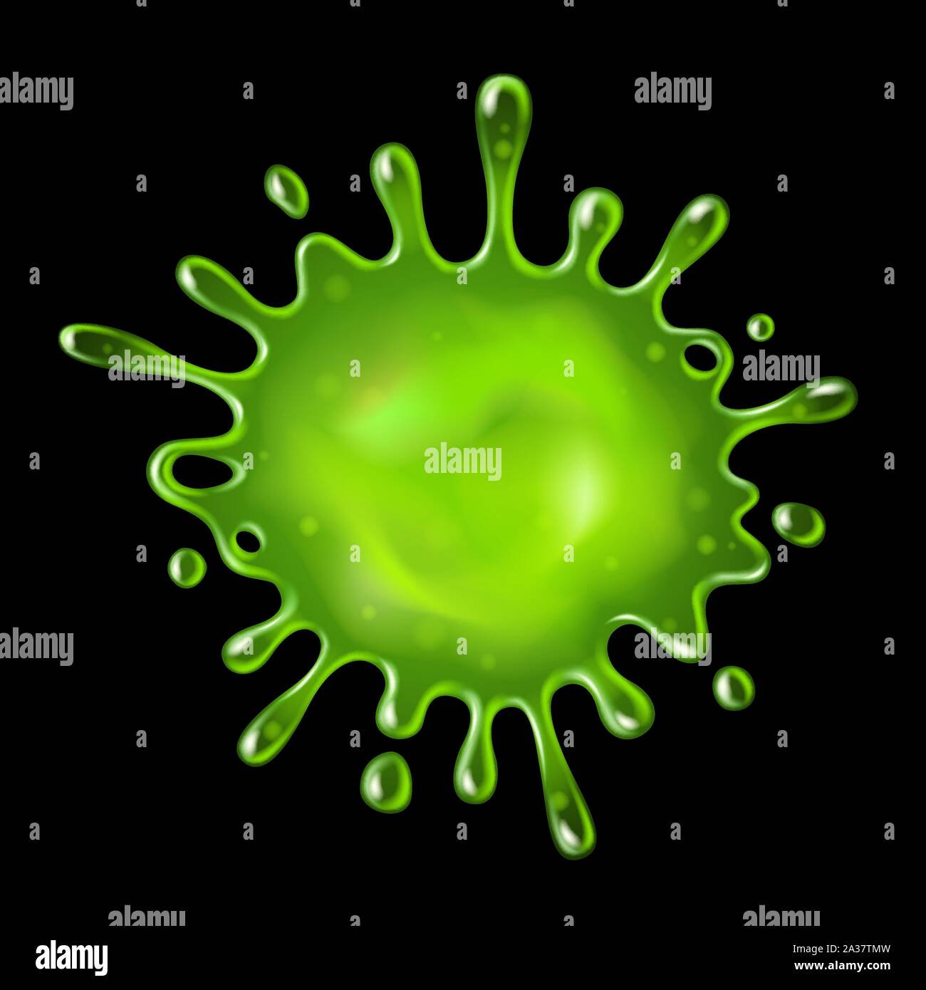 Splattered green slime with drops on black background Stock Vector