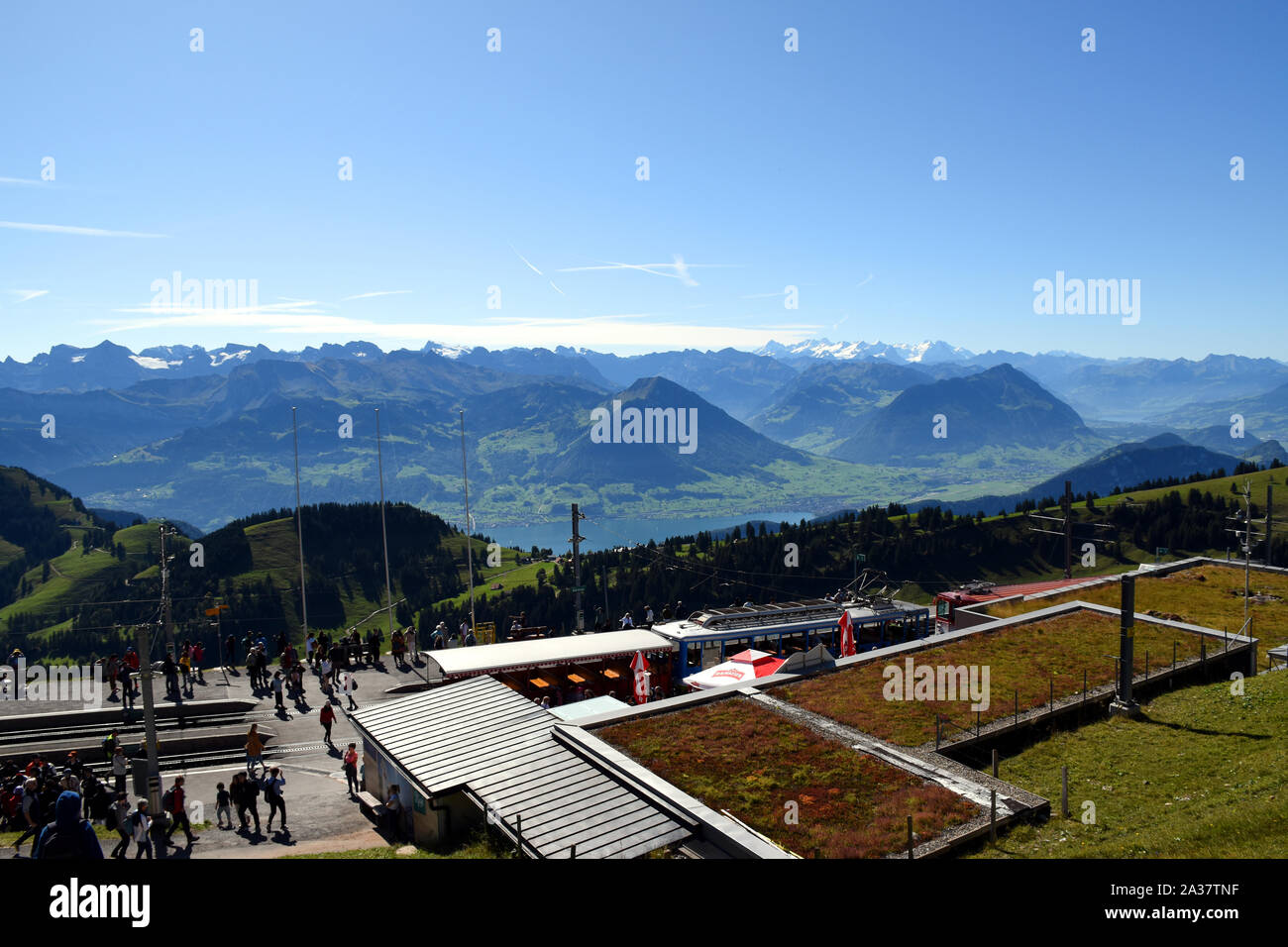 Arth, Switzerland 09.29.2019. People arrived to the end station of the Vitznau and Rigi Kulm cogwheel railway at the top of Mount Rigi Stock Photo
