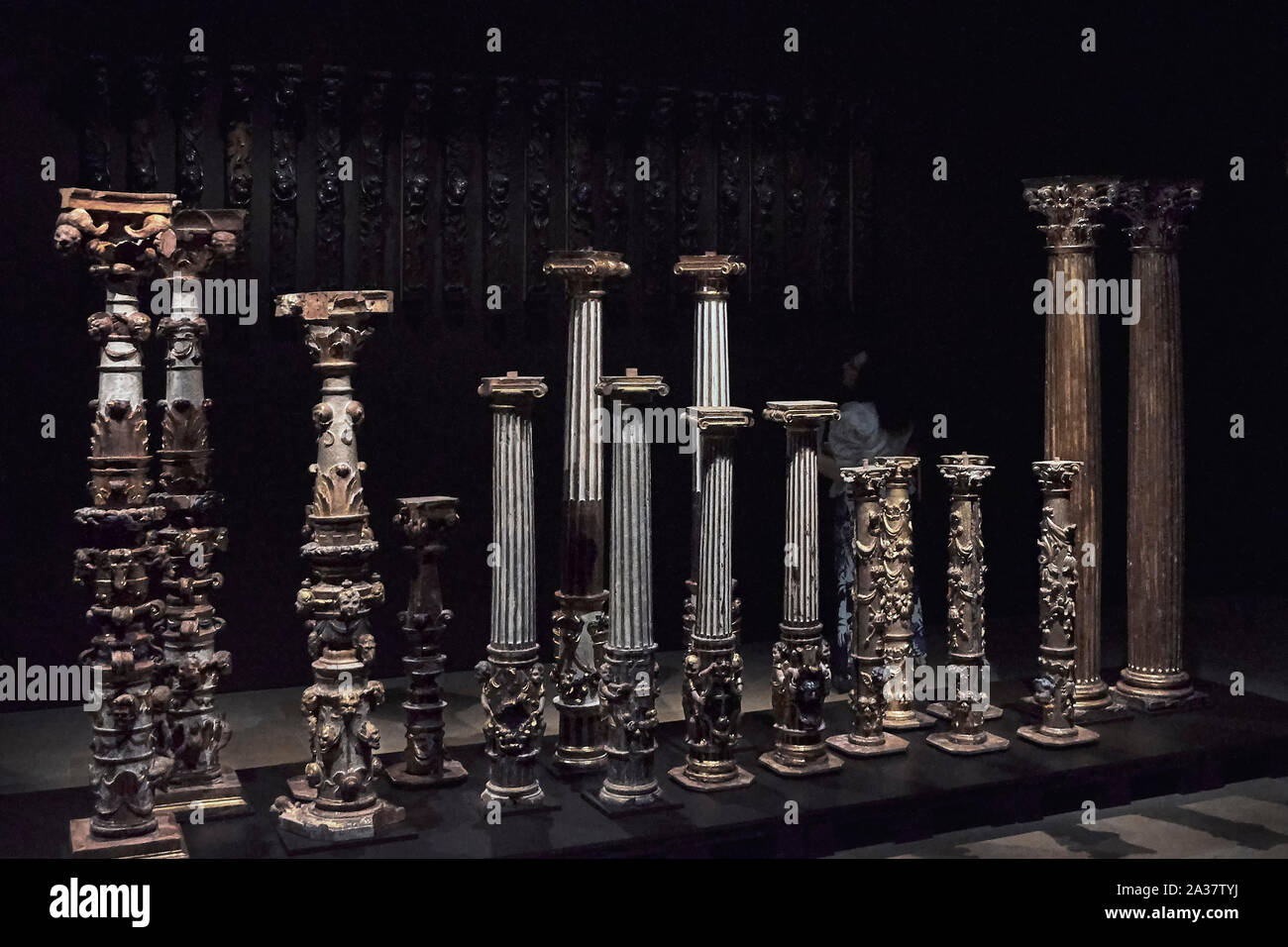 Exhibition Almacen, Columns and Balusters 16th, 17th, 18th century in the National Sculpture Museum, Palacio de Villena, of the city Valladolid, Spain Stock Photo