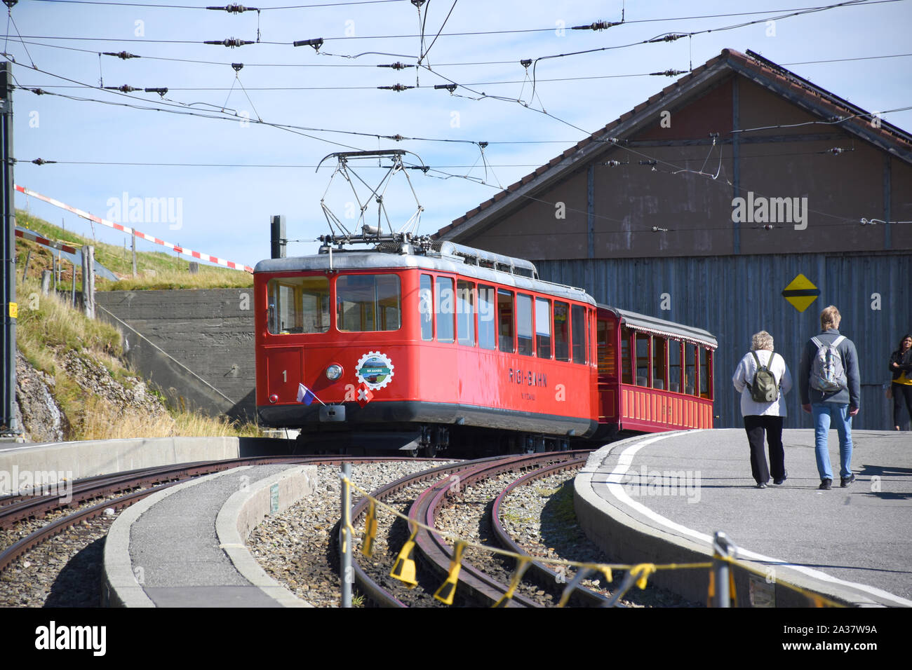 Arth, Switzerland 09.29.2019. A train is waiting for departure at the end station of the Vitznau and Rigi Kulm cogwheel railway at the top of Mount Ri Stock Photo