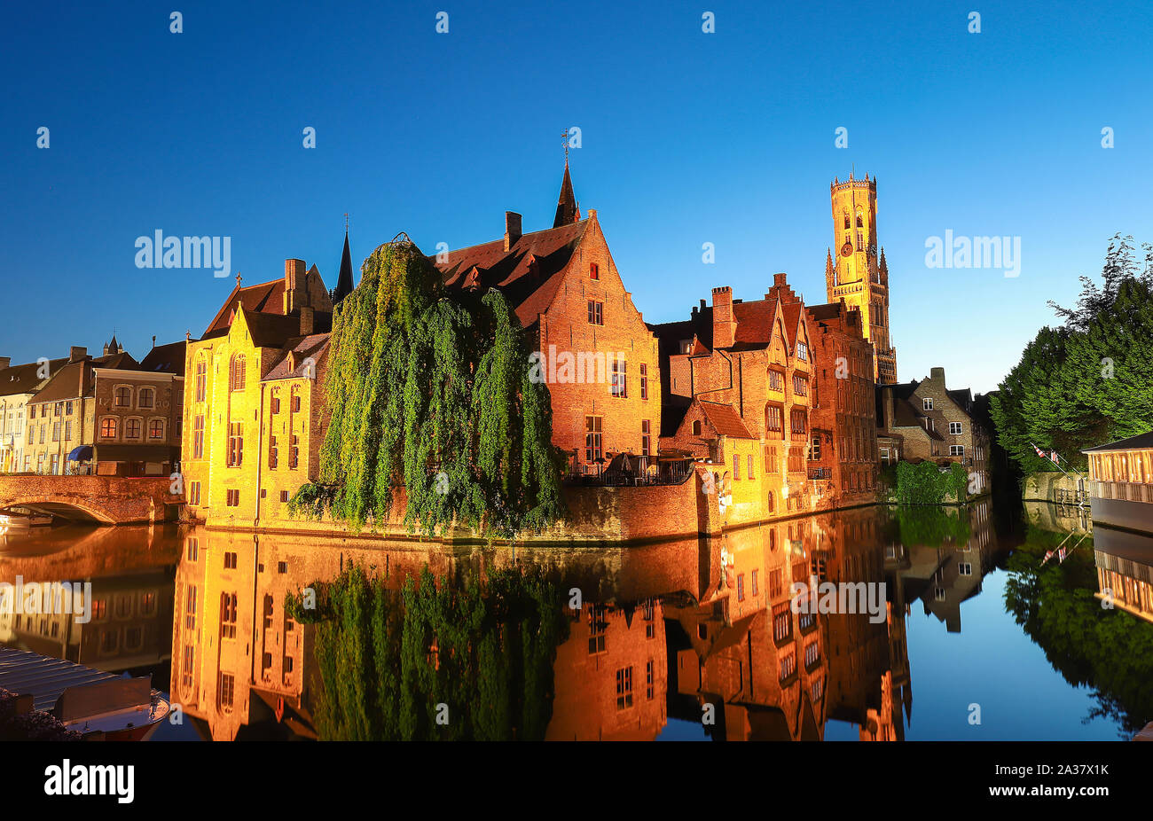 Famous view of Bruges tourist landmark attraction - Rozenhoedkaai canal with Belfry and old houses along canal with tree in the night. Belgium Stock Photo