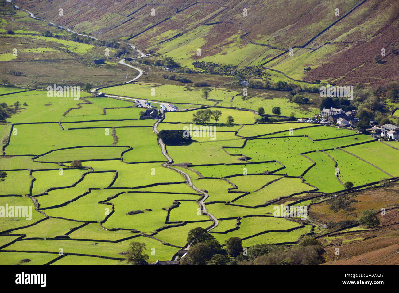 Wasdale Head Hotel & Car Park by Stone Wall Field Enclosures from Path
