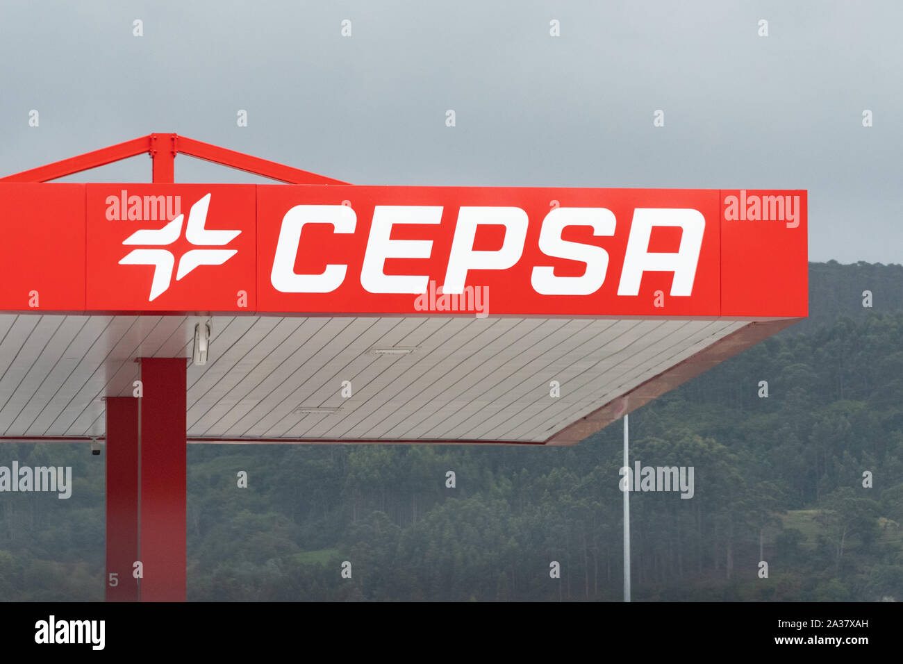 CEPSA logo over petrol station, Spain Stock Photo