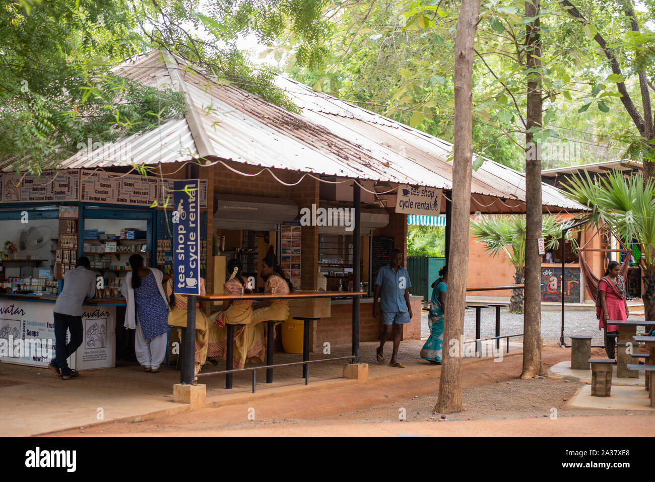 Auroville/India- September 3 2019: Eateries and relaxation areas in the Visitors Centre in Auroville, Tamilnadu Stock Photo