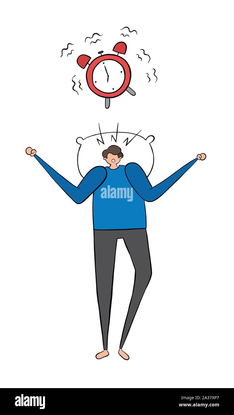 The alarm goes off in the morning, and the man who wakes up is getting angry. I want to get some more sleep. Vector illustration. Black outlines, colo Stock Vector