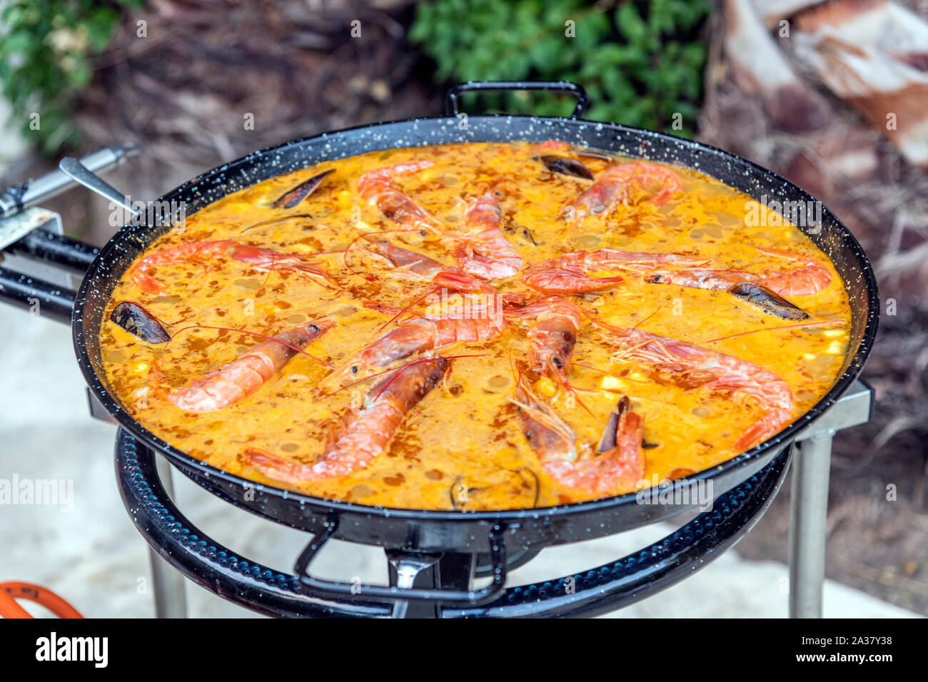 Traditional preparation of seafood paella rice, Barcelona, Catalonia