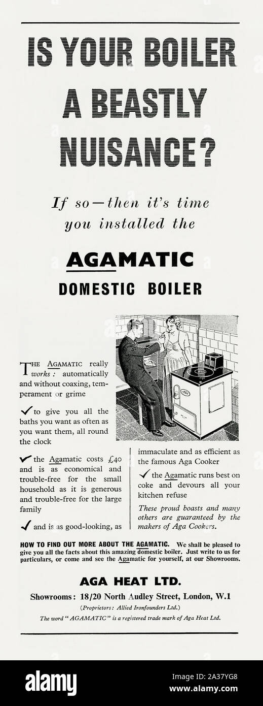 https://c8.alamy.com/comp/2A37YG8/advert-for-an-agamatic-domestic-boiler-1951-the-advert-shows-a-posh-couple-and-uses-the-archaic-term-beastly-to-describe-other-boilers-of-the-day-it-asserts-the-continuous-availibility-of-hot-water-it-also-notes-that-their-coke-fired-boiler-will-happily-consume-kitchen-waste-the-aga-company-was-swedish-the-aga-company-was-aktiebolaget-svenska-gasaccumulator-in-1957-all-production-re-located-to-the-uk-its-popularity-in-parts-of-british-society-led-to-the-term-aga-saga-for-literary-works-that-concerned-the-upper-middle-classes-in-the-1990s-2A37YG8.jpg