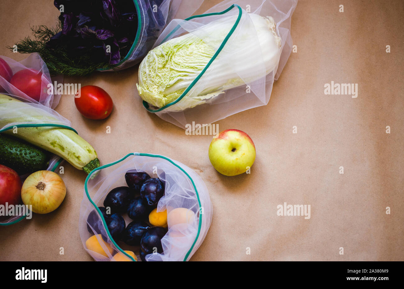 Zero waste recycled textile bags for fruit or vegetables, a craft paper ...