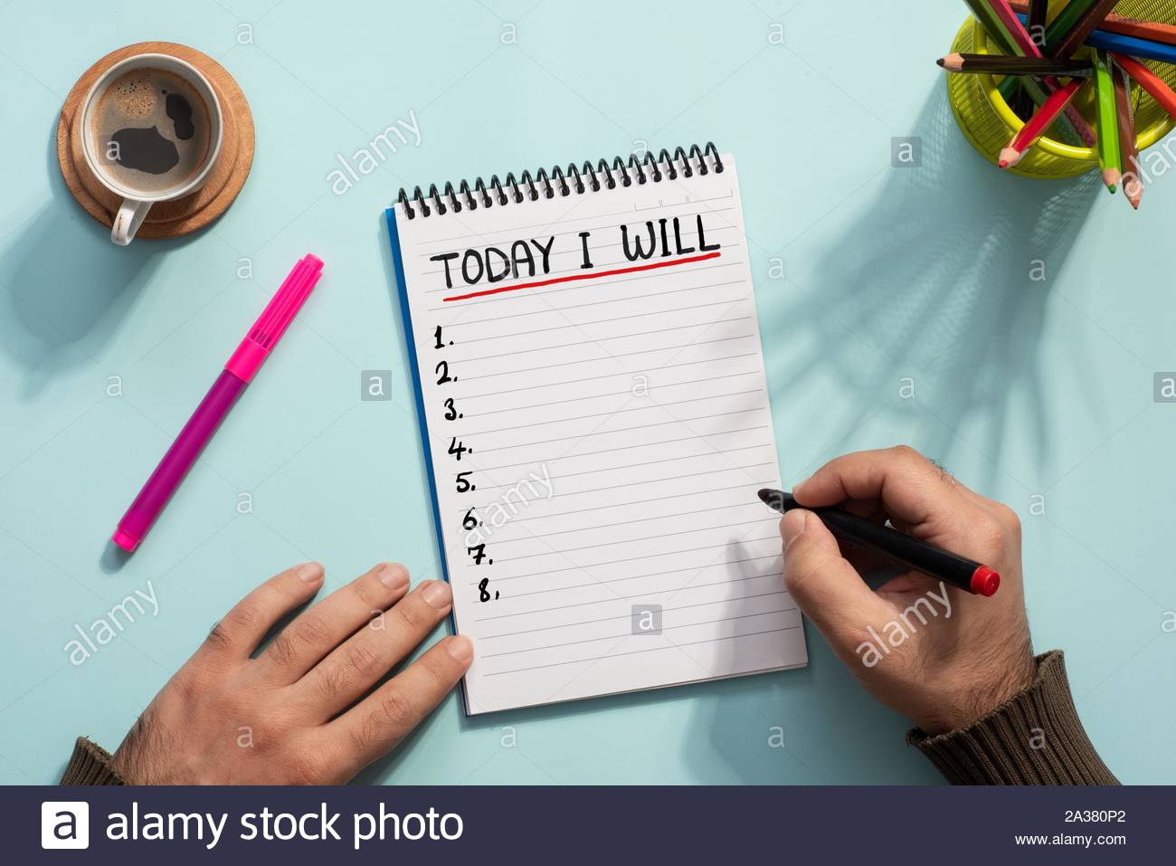 Writing To Do List Overhead View Of Work Desk Stock Photo