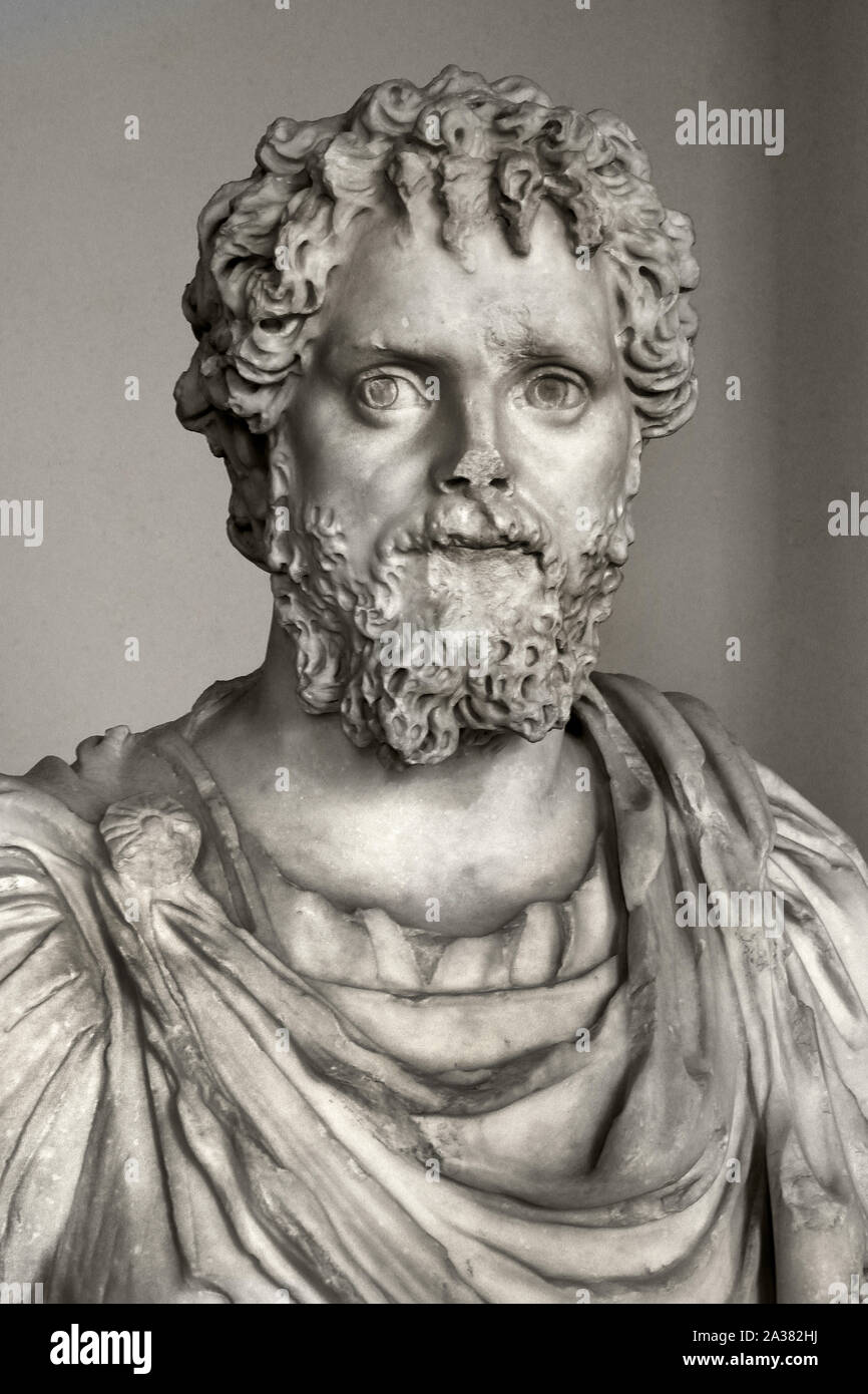 Emperor Septimius Severus.  Emperor from 193 - 211 AD After 204 AD Marble Rome, roman, Italy.  .(The four curls that fell on the forehead of this bust are the headdress of the god Serapis to whom the emperor sought to be assimilated.) . Stock Photo