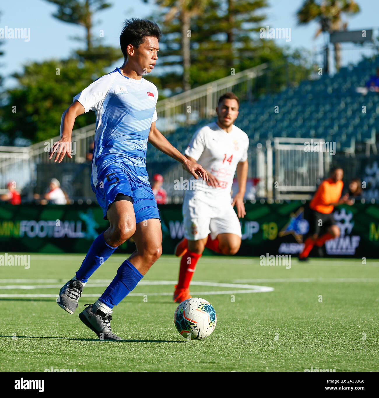 Langley Park, Perth, Australia. 6th Oct 2019. World Mini Football Federation World Cup; Serbia versus Singapore, Boon Keat Luis Lim of Singapore runs the ball into the Serbian half - Editorial Use Credit: Action Plus Sports Images/Alamy Live News Stock Photo