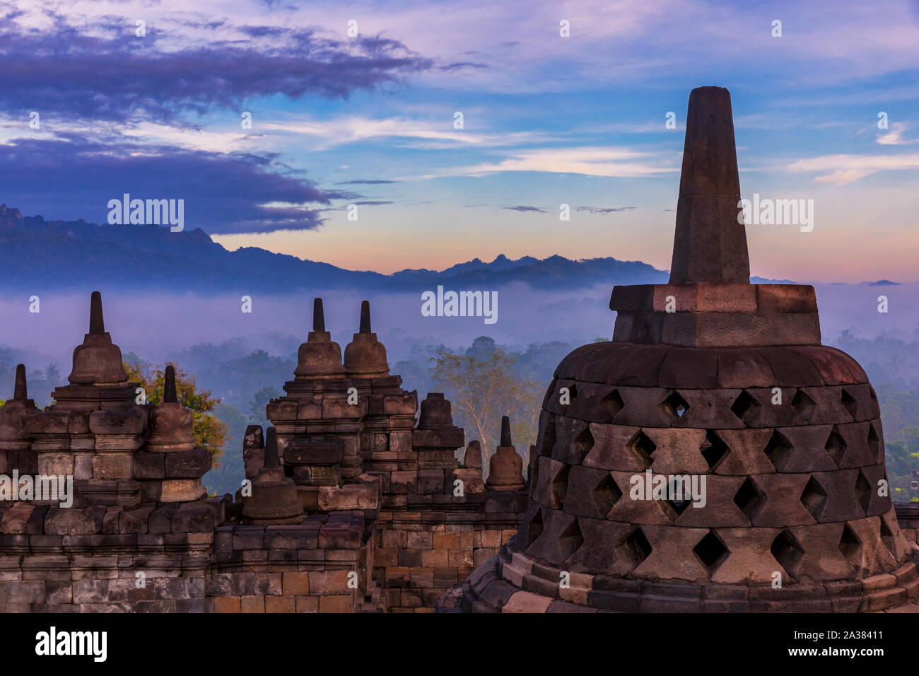 Stupa at Borobudur temple complex, Borobudur, Yogyakarta, Java, Indonesia Stock Photo