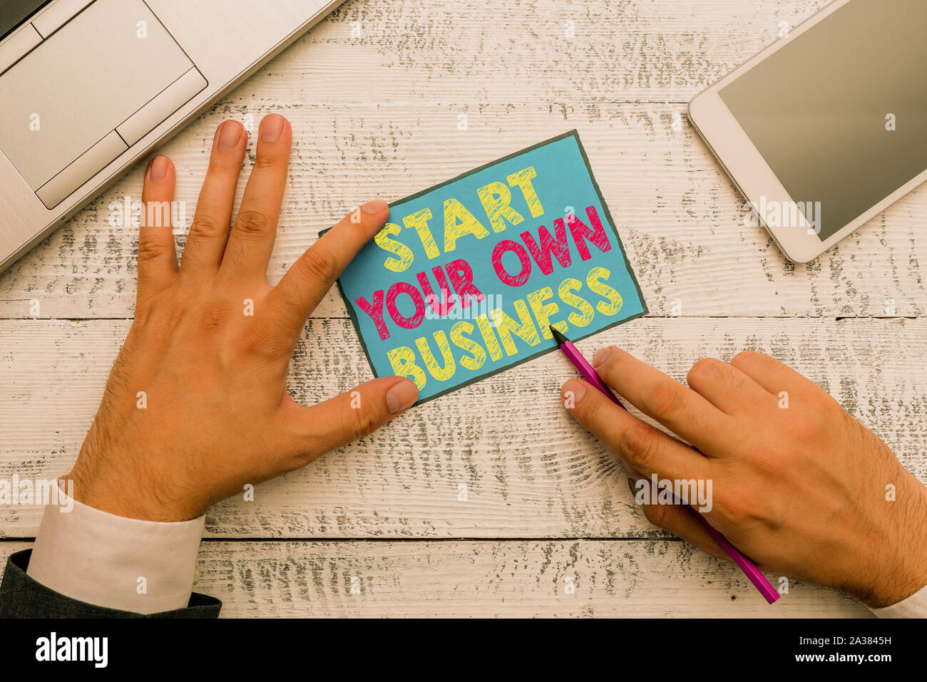 Writing note showing Start Your Own Business. Business concept for Entrepreneurial Venture a Startup Enter into Trade Stock Photo