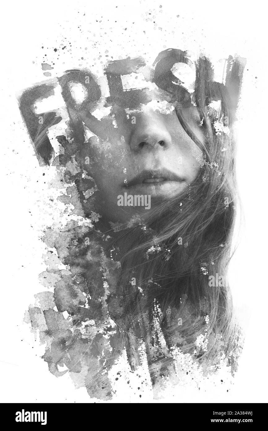 Double exposure. Paintography. Portrait of a beautiful young female model disappearing behind black ink painting with word FRESH covering her eyes, on Stock Photo