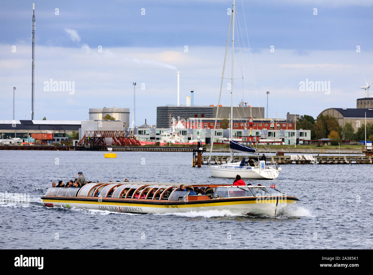 View of a harbour tour boat, taken at Amalie Garden in Copenhagen, Denmark Stock Photo