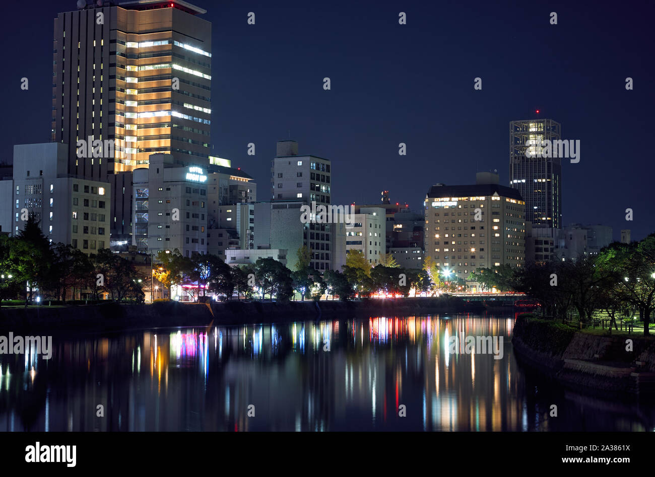 HIROSHIMA, JAPAN – NOVEMBER 23, 2007: The view of the Ota River at night lights. Hiroshima. Japan Stock Photo