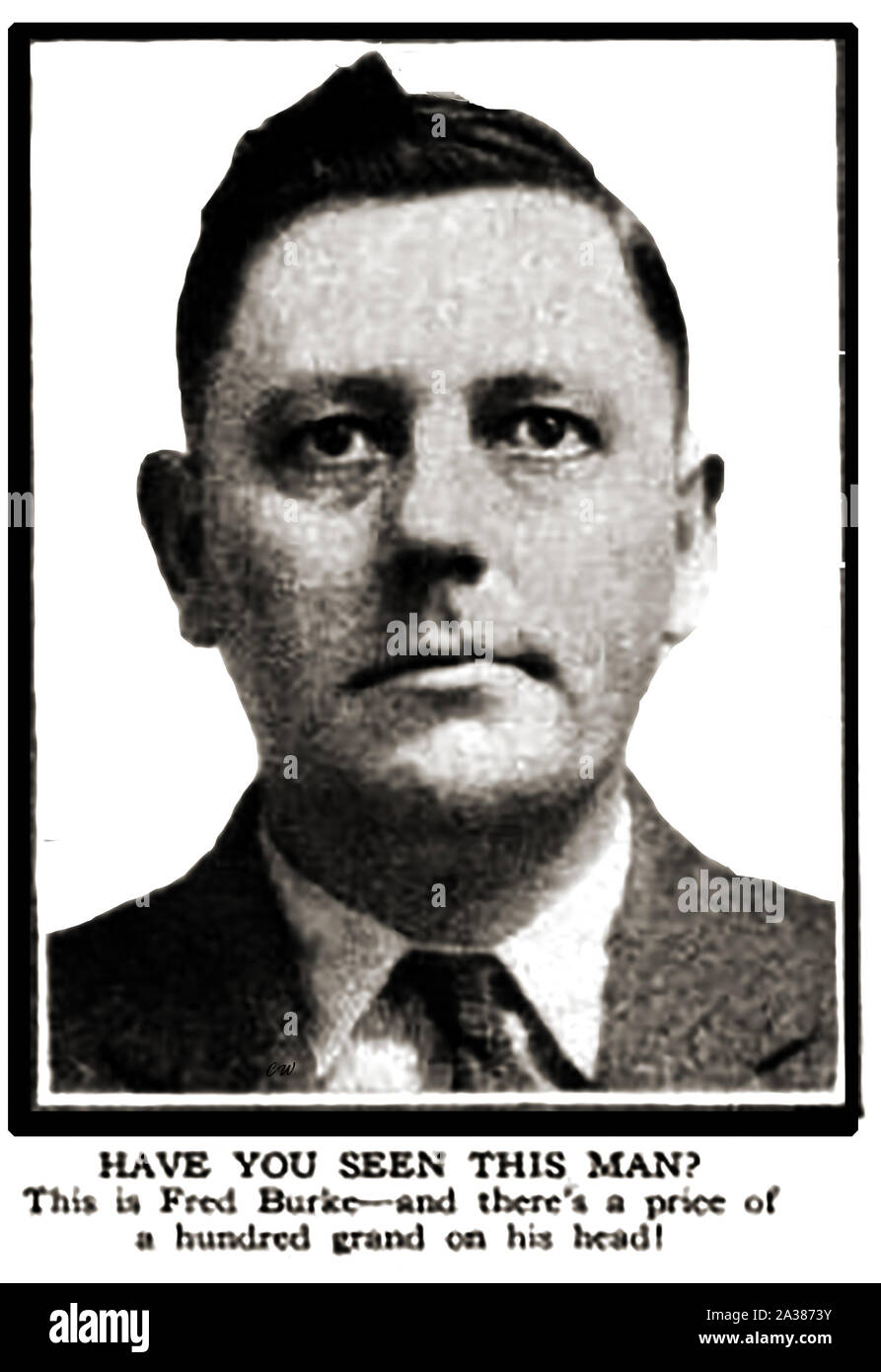 1930 periodical illustration - Law & Order in the USA -1930 newspaper mugshot of Chicago Gangster, contract killer, armed robber  and hit man Fred  'Killer' Burke (1893-1940)  His real name was Thomas A Camp. When this photo appeared he was wanted in connection with St Valentine's Day Massacre. Stock Photo