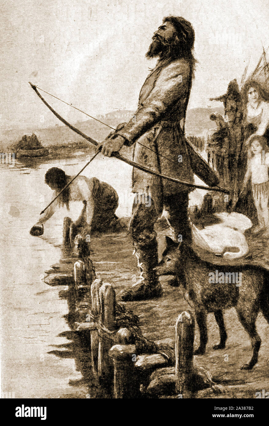 A 1920 artist's impression of a late Stone Age family, living on the edge of the river Thames near what is now the city of London, UK Stock Photo