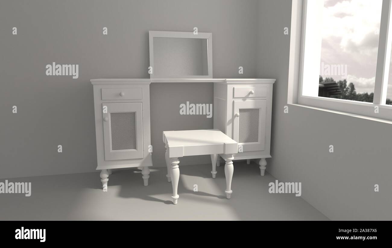 3d Illustration A Simple Dressing Table With A Mirror And A Stool