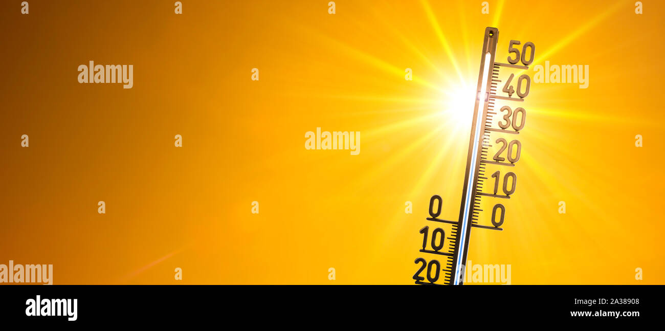 Hot summer or heat wave background, bright sun with thermometer Stock Photo