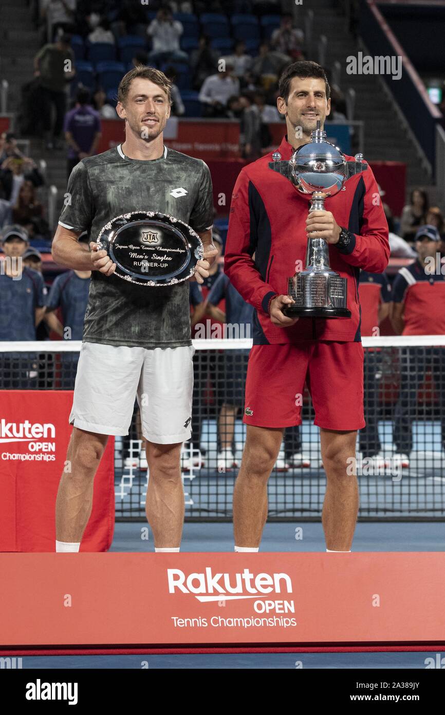 Tokyo, Japan. 6th Oct, 2019. (L to R) John Millman (runner-up) and winner  Novak Djokovic, pose for the cameras during the award ceremony of the  Rakuten Japan Open Tennis Championships 2019 at