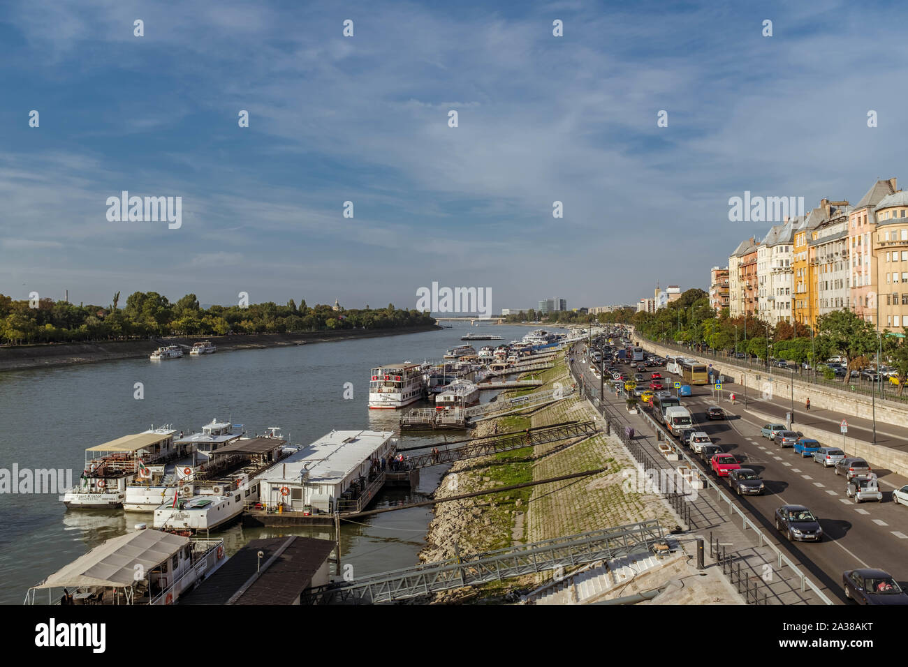 Water and land transport near Margaret Island in Budapest, Hungary. Stock Photo