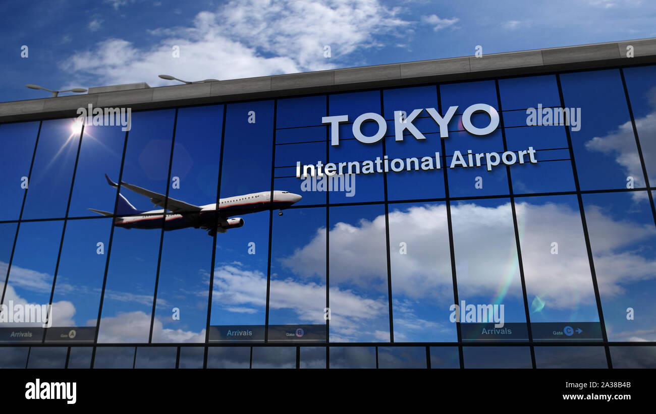 Jet aircraft landing at Tokyo, Japan 3D rendering illustration. Arrival