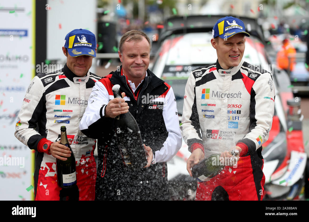 Winners of the Wales Rally GB Estonia’s Ott Tanak and Martin Jarveoja celebrate on the podium during day four of the Wales Rally GB. Stock Photo