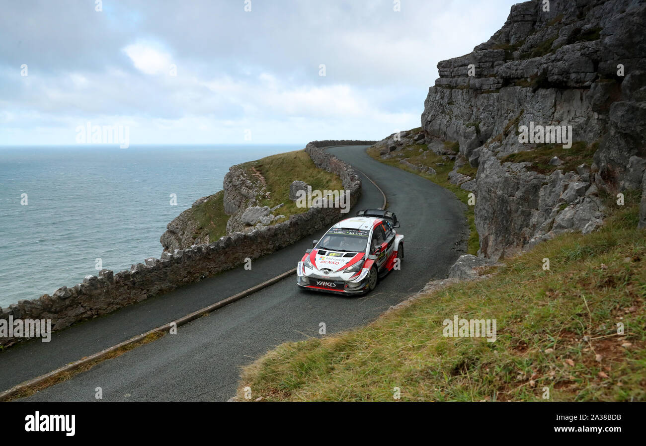 Estonia’s Ott Tanak and Martin Jarveo in a Toyota Yaris WRC during day four of the Wales Rally GB. Stock Photo