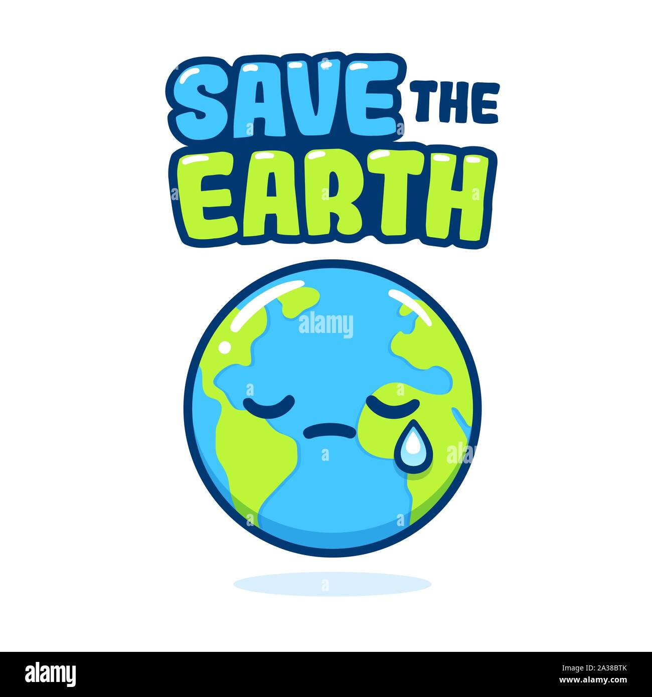 Save the planet, cute hand drawn eco activism poster. Cartoon Earth drawing with crying face. Earth Day vector clip art illustration. Stock Vector