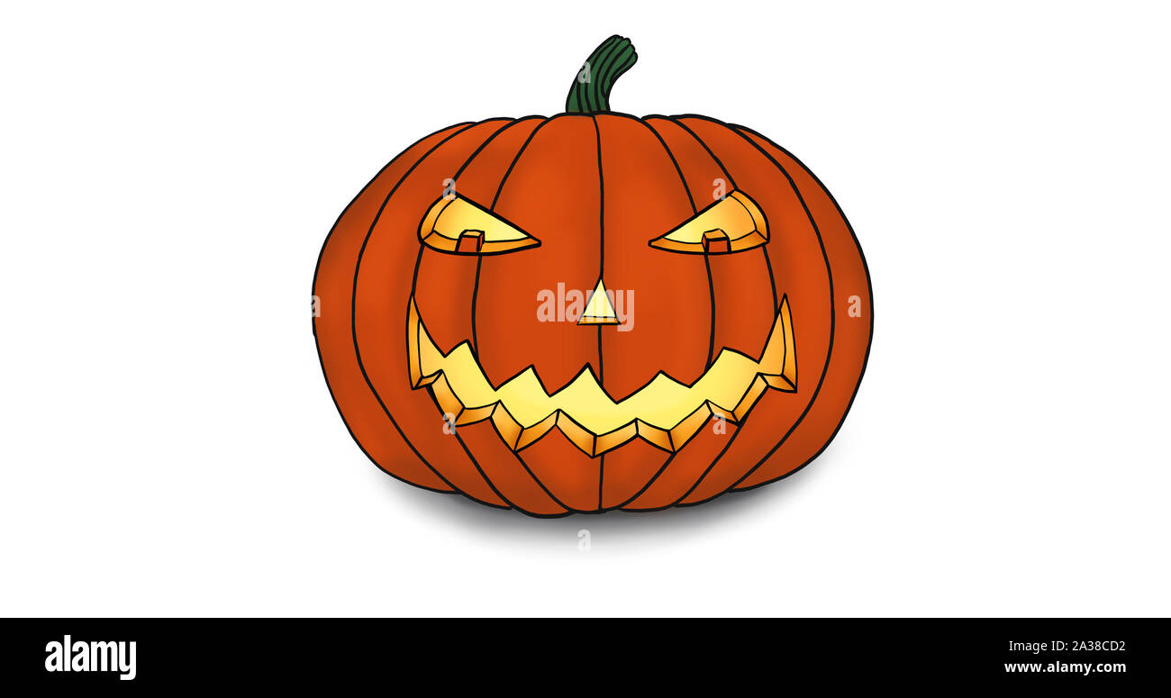 Grinning Halloween Pumpkin Illustration illuminated from within by a candle on White. Stock Photo