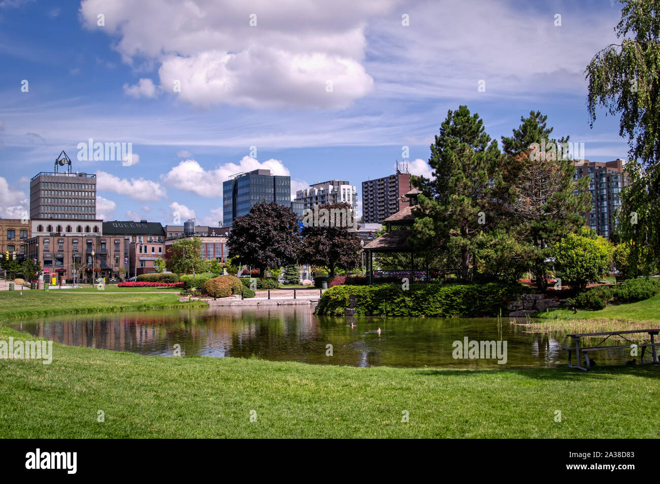 Barrie, Ontario, Canada - 2019 08 25: Summer view on the pond in the Heritage Park in Downtown Barrie, Ontario, Canada Stock Photo