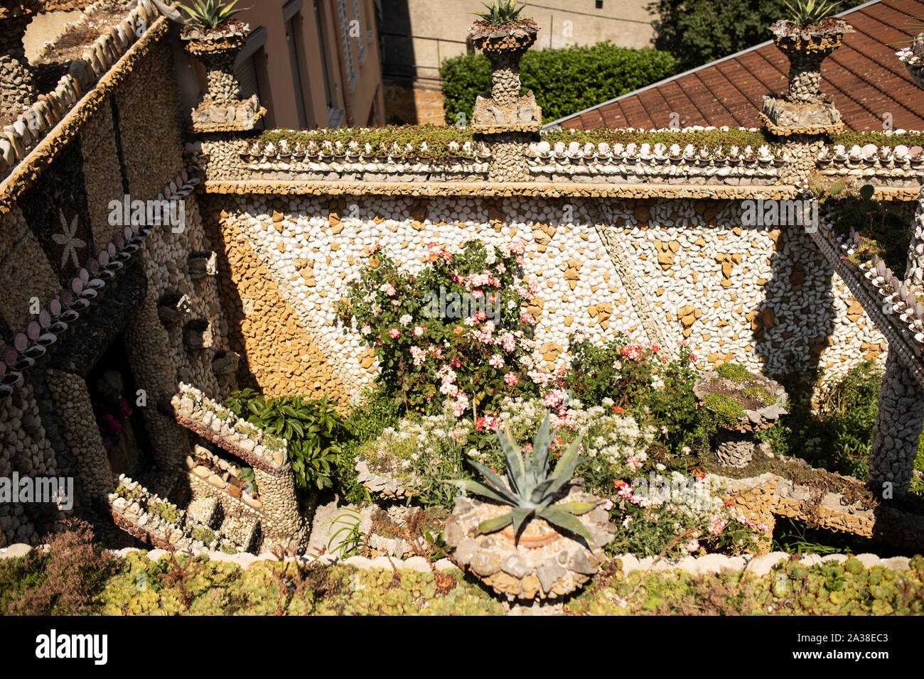 Overlooking a tiled wall and the altar in Jules Senis's Jardin Rosa Mir in La Croix-Rousse quarter of the fourth arrondissement of Lyon, France. Stock Photo