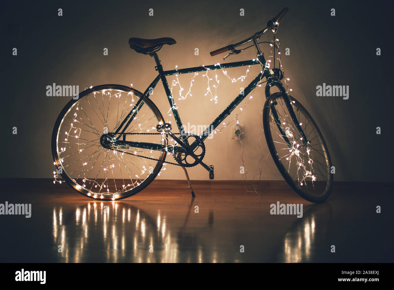 Christmas bicycle. Bike decorated with christmas lights Stock Photo Alamy