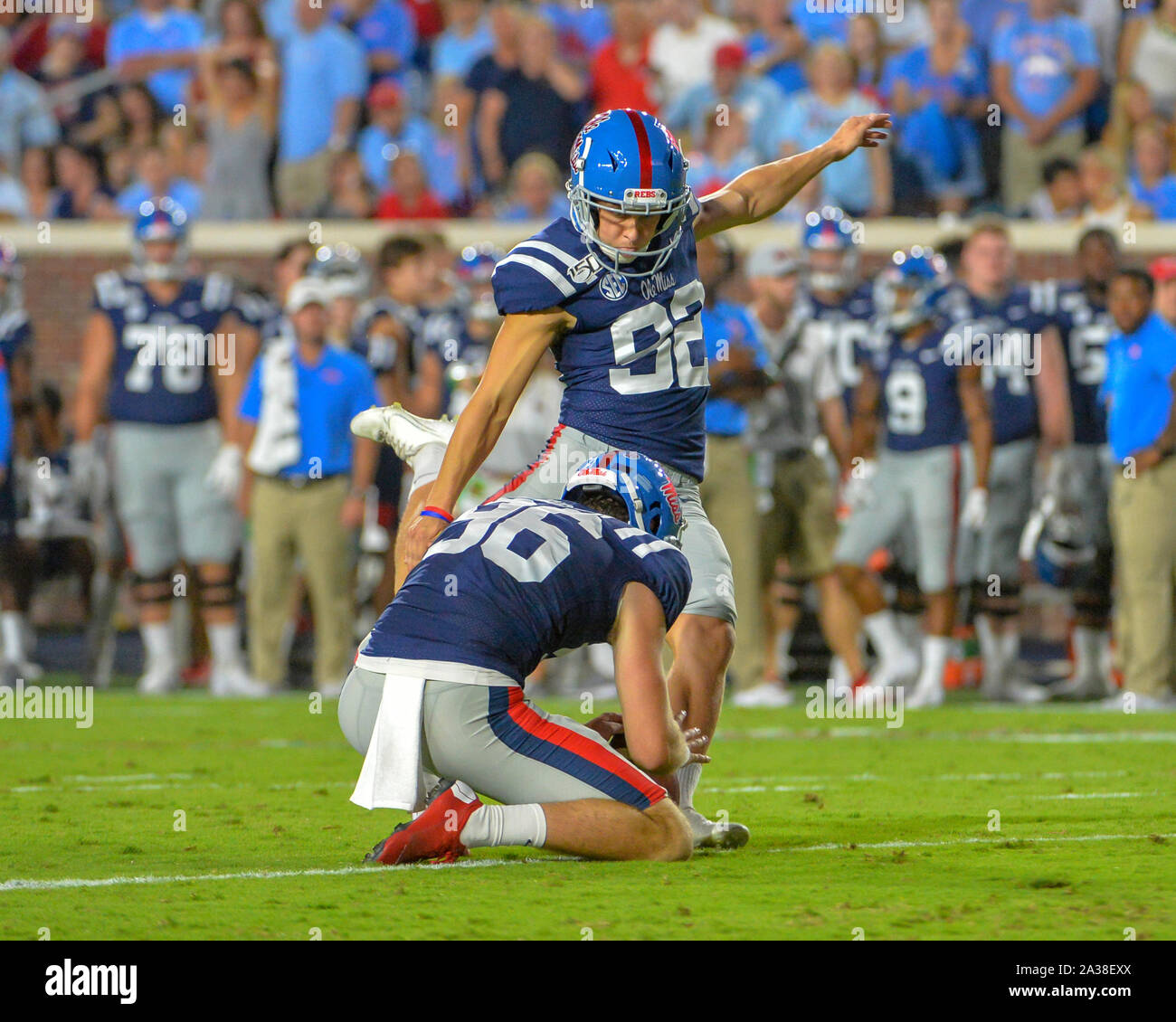 Oxford, MS, USA. 05th Oct, 2019. Ole' Miss kicker, Luke Logan (92), prepares to kick a filed goal during the NCAA football game between the Vanderbilt Commodores and the Ole' Miss Rebels at Vaught Hemingway Stadium in Oxford, MS. Credit: Kevin Langley/Sports South Media/CSM/Alamy Live News Stock Photo