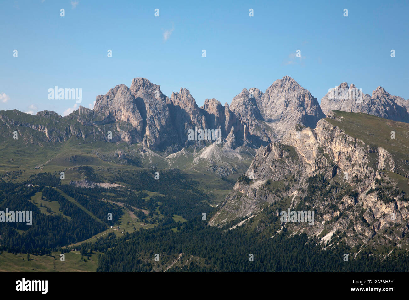 The Geislergruppe and Seceda rising above the Val Gardena Dolomites South Tyrol Italy Stock Photo