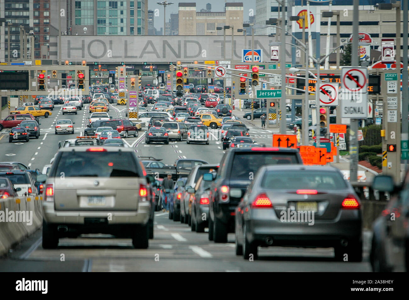 Traffic jam in front of the Holland Tunnel leading in to Manhattan. Stock Photo