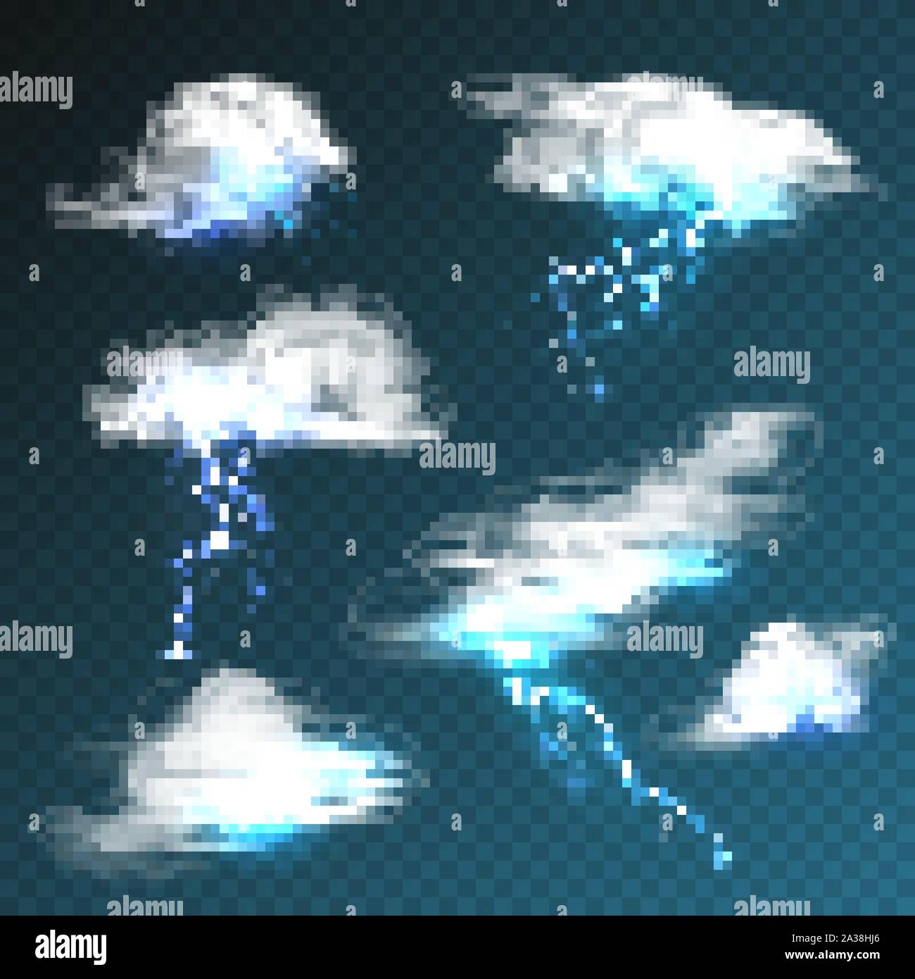 Realistic clouds with lightning set on transparent background
