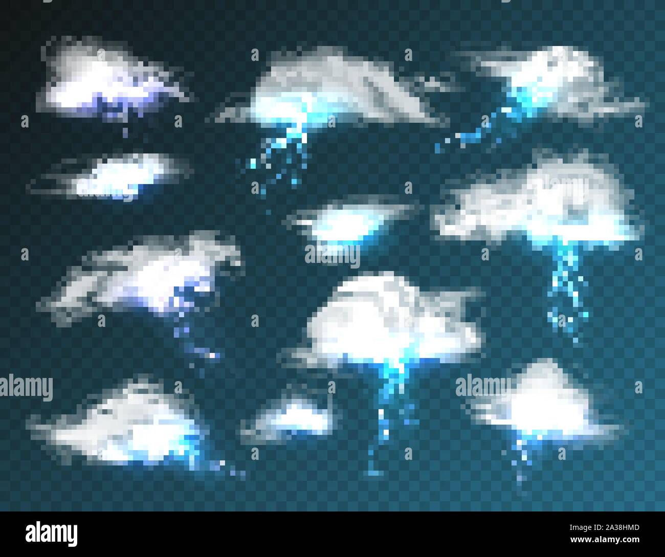 Realistic clouds with lightning set on transparent background ...
