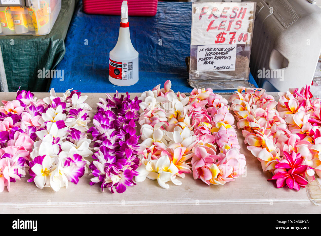 Hawai‘i, the Big Island, Kailua-Kona, Ali‘i Drive, Farmer's Market, Flower Leis Stock Photo