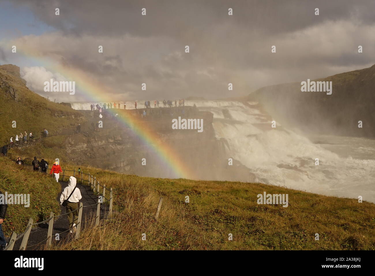 A rainbow across Gullfoss waterfall in Iceland Stock Photo