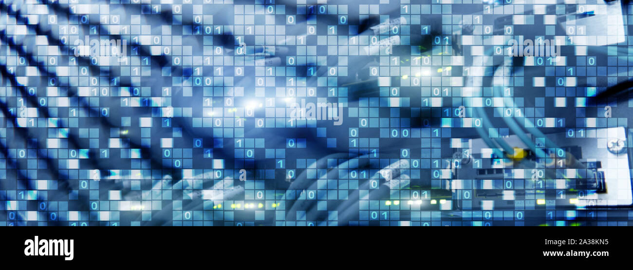 Binary code on datacenter background. Cyber space concept. UniqueTechnology Wallpaper. Stock Photo