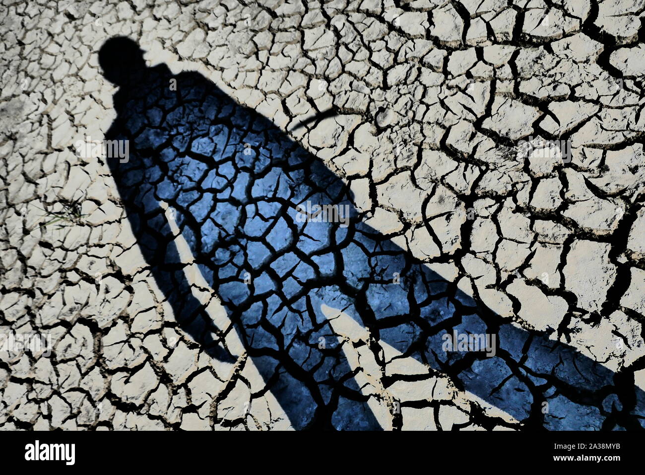 Severe drought caused by a summer heat wave parches and cracks the soil. Stock Photo