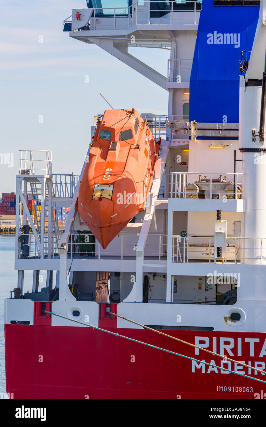 Emergency freefall lifeboat on the rear of a petrol tanker.  The lifeboat is angled to make a quick escape for the crew in the event of fire Stock Photo