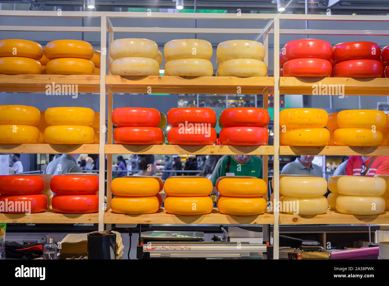 Large number of cheeses at a Dutch cheese shop, Rotterdam, Netherlands Stock Photo