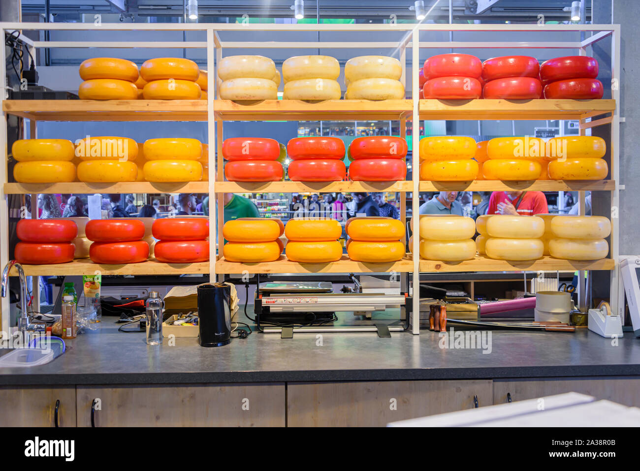 Large number of cheeses at a Dutch cheese shop, Rotterdam, Netherlands Stock Photo